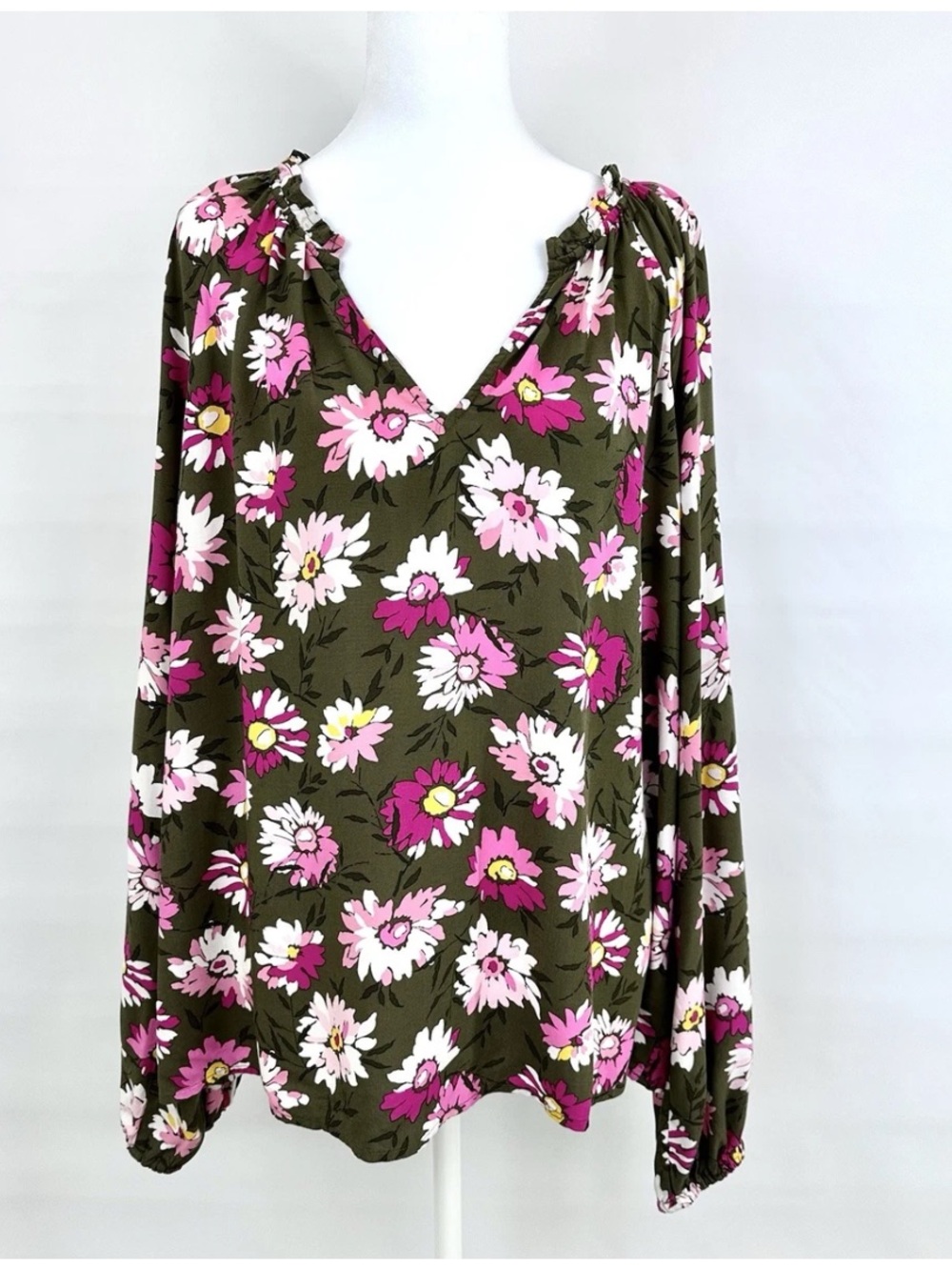 GAP Women’s XL Floral Peasant Blouse Olive Green Pink V-Neck Balloon Sleeve